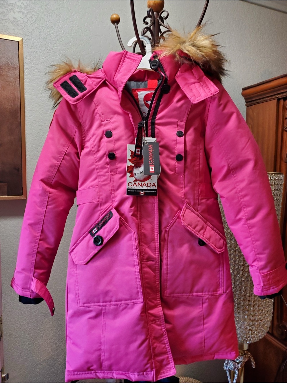 -Label Pink Kids Winter Parka with Faux Fur Hood